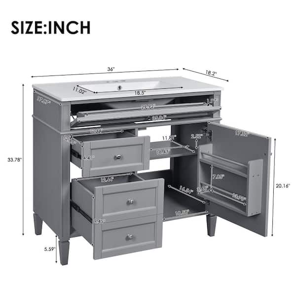 Ziyudura 36 in. Single Sink Freestanding Gray Bath Vanity with