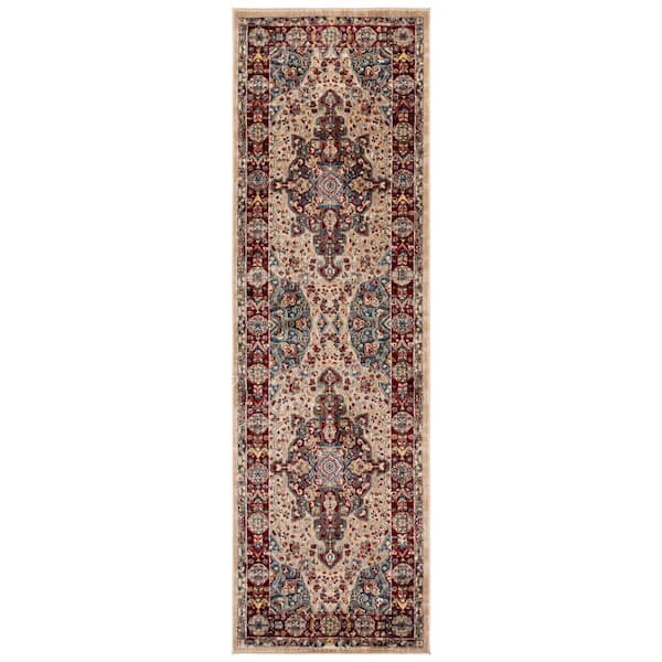 Kashan 3 ft. x 8 ft. Ivory/Red Antique Border Runner Rug