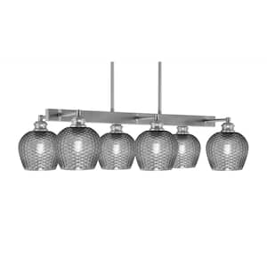 Albany 6 Light Brushed Nickel Downlight Chandelier, Linear Chandelier for the Kitchen with Smoke Textured Glass Shades