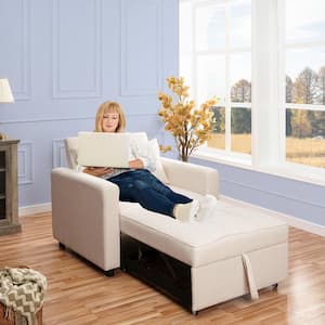 37 in W Anna Foldable Sleeper Convertible Chair, Cream, Linen Narrow Twin