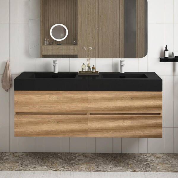 TCYO 60 in. Wall Mounted Oak Bath Vanity with Black solid surface Top ...