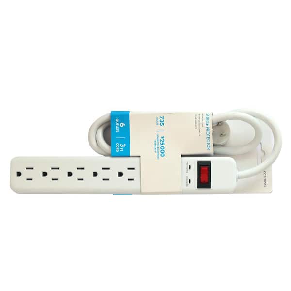 Flat Plug Power Strip Individual Switches, Extension Cord 6 feet, 3  Outlets, Surge Protector 300J, White, Baby Proof Outlet Cover