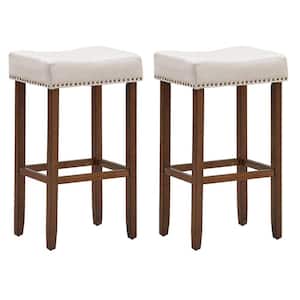 Beige Backless 29 in. Wood Nailhead Saddle Bar Stool with Fabric Seat (Set of 2)