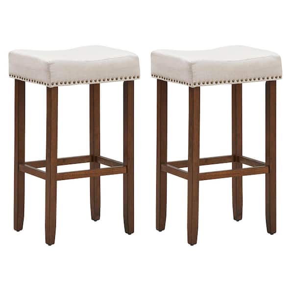 Costway Beige Backless 29 in. Wood Nailhead Saddle Bar Stool with Fabric Seat (Set of 2)