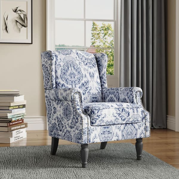 Uixe Retro Navy Blue Floral Pattern Linen Nailhead Trim