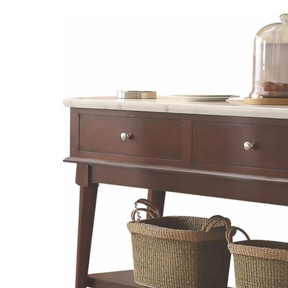 White Marble and Walnut 2-Drawer Server with Bottom Shelf