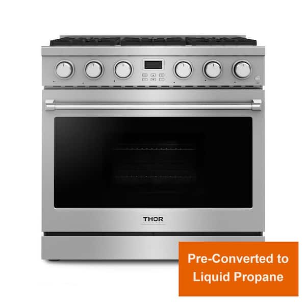 Thor Kitchen Pre-Converted Propane Contemporary 36 in. 6-Burners Freestanding Gas Range with Convection Oven in Stainless Steel