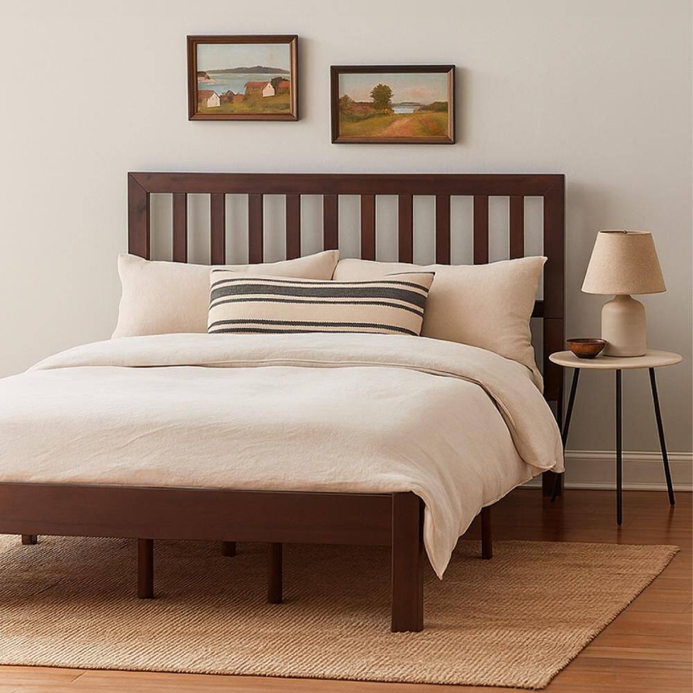 Danie Oak Brown Wood Frame Queen Panel Bed with Open Slat Headboard and Low Profile