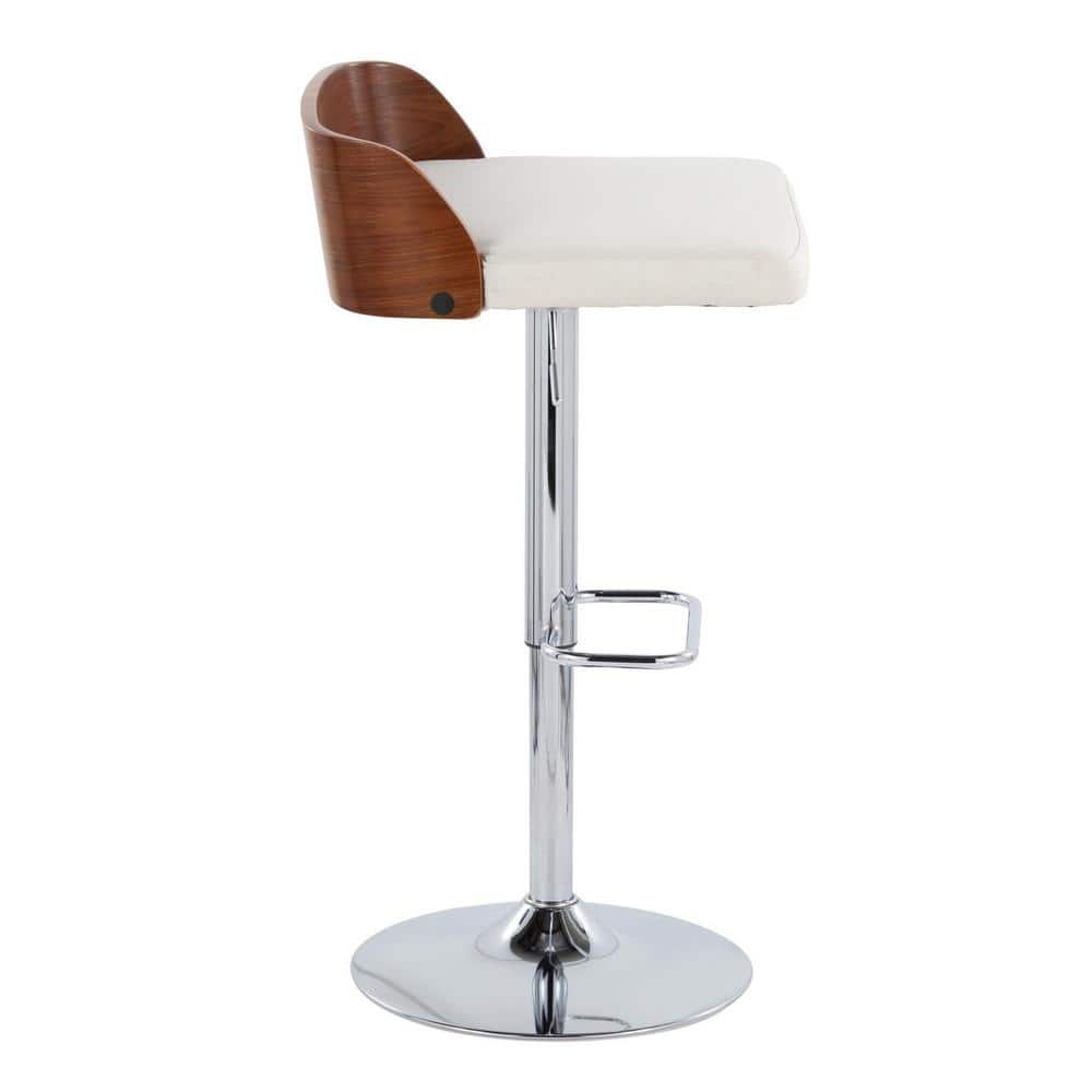 Adjustable White Upholstered Swivel Barstool with Wood Backrest