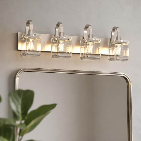 30 in. 4-Light Nickel Modern Rectangular Metal Vanity Lights Fixture with Clear Glass Shades for Bathroom or Bedroom