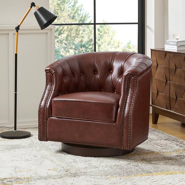 JAYDEN CREATION Montgomery Brown Traditional Chesterfield Genuine Leather Barrel Chair with Button-Tufted Design(Set of 2)