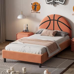 Basketball Design Orange Twin Size Wood Frame Velvet Upholstered Platform Bed with Metal Legs