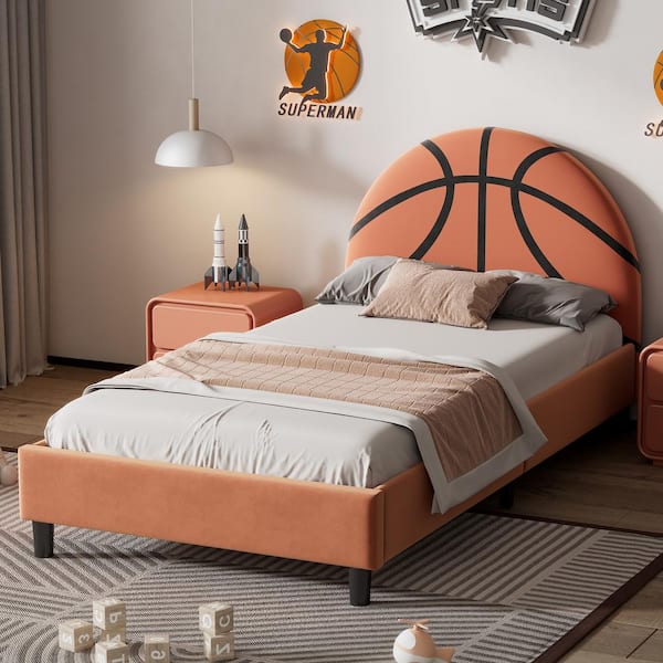 Harper & Bright Designs Basketball Design Orange Twin Size Wood Frame Velvet Upholstered Platform Bed with Metal Legs