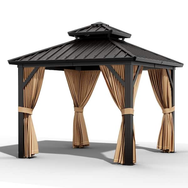 10 ft. x 10 ft. Double Roof Hardtop Gazebo for Patio with Galvanized Steel Roof, Brown Curtains and Netting