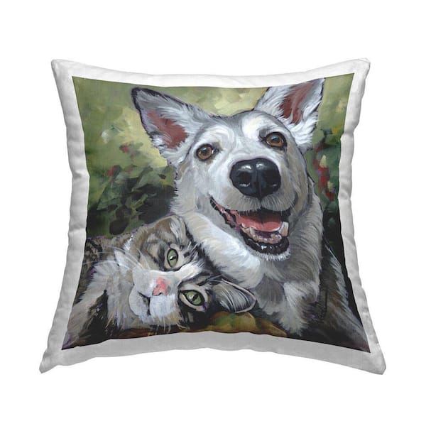 Smiling Dog and Cat Friends Green Print Polyester 18 in. x 18 in. Throw Pillow