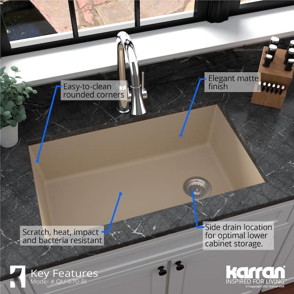 Karran Qu 670 Quartz Granite 32 In Single Bowl Undermount Kitchen Sink In Bisque With Bottom Grid And Strainer Qu 670 Bi Pk1 The Home Depot