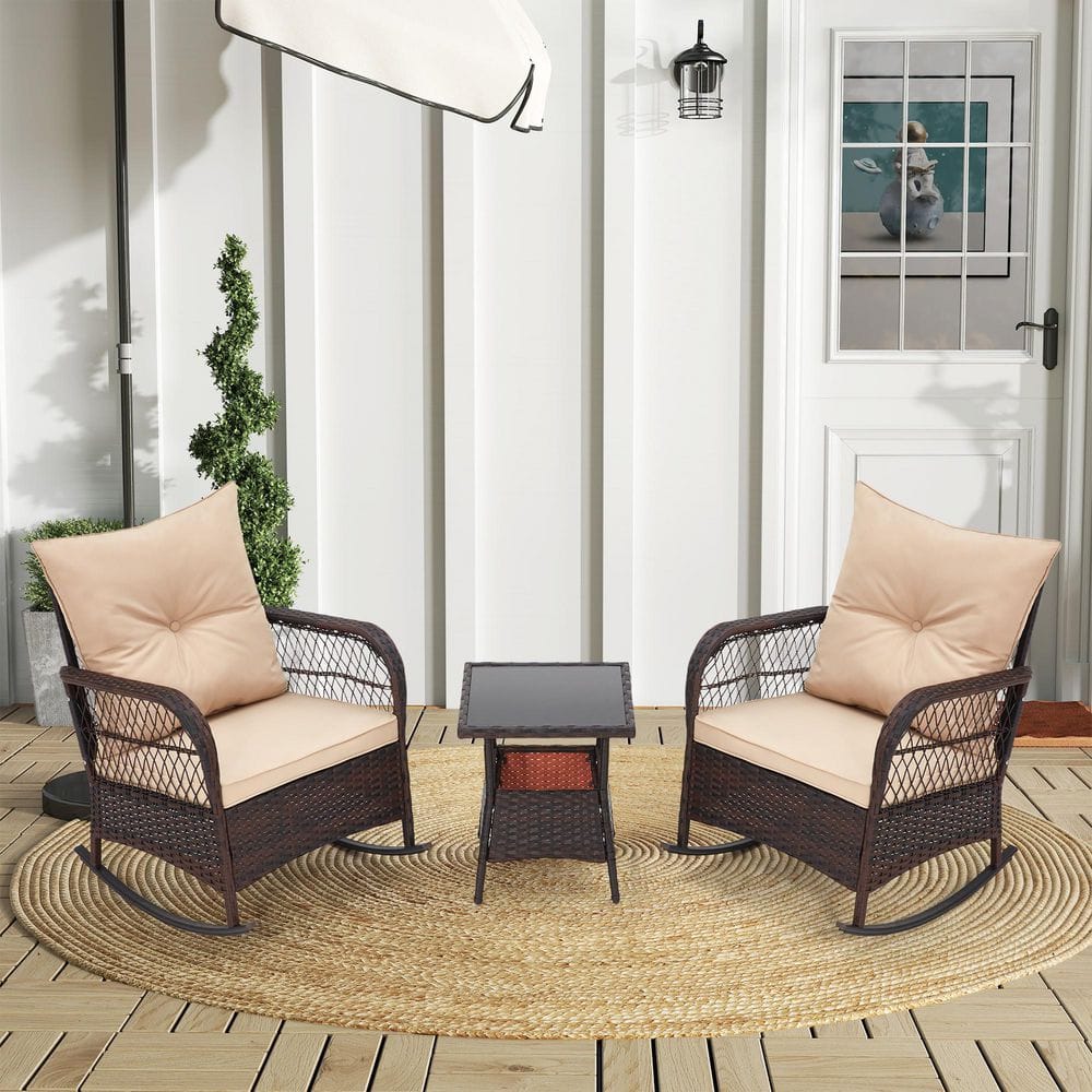 3-Piece Outdoor Rattan Rocking Chairs Set, PE Wicker Patio Conversation Set with Tempered Glass Coffee Table, Beige price history on PriceWatchPro