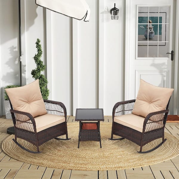 HOMMOW 3-Piece Outdoor Rattan Rocking Chairs Set, PE Wicker Patio Conversation Set with Tempered Glass Coffee Table, Beige