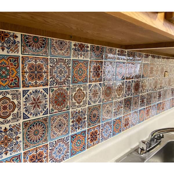 Colorful Talavera Mexican Peel and Stick Backsplash Tile, 12 in. x 12 in., 10-Pack