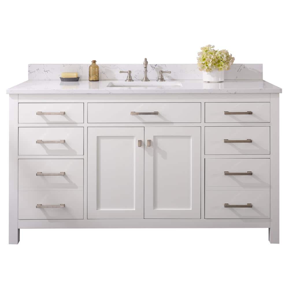 SUDIO Jasper 60 in. W x 22 in. D Bath Vanity in White with Engineered Stone Vanity Top in