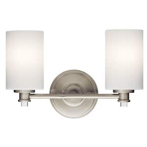 Joelson 14 in. 2-Light Brushed Nickel Transitional Bathroom Vanity Light with Satin Etched Cased Opal Glass