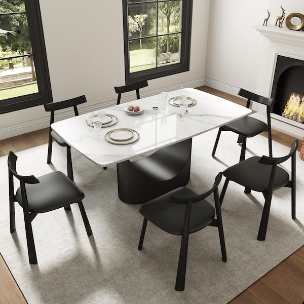 Black Microfiber Leather Dining Chair (Set of 6), Upholstered Side Chairs with Metal Legs for Dining Room