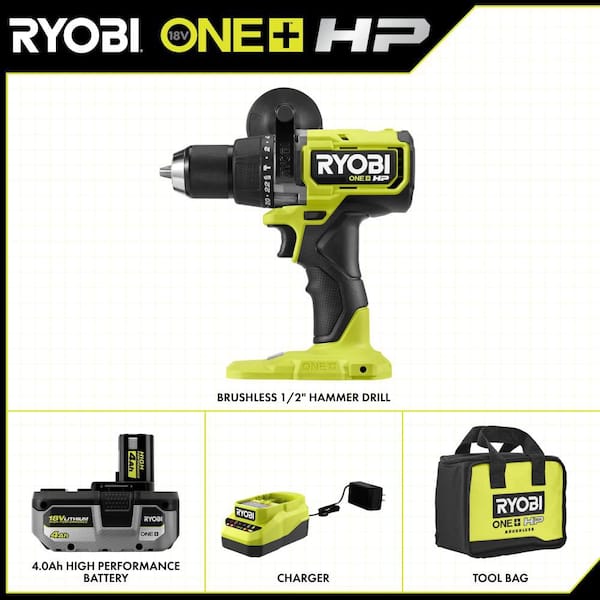 ONE+ HP 18V Brushless Cordless 1/2 in. Hammer Drill Kit 4.0 Ah HIGH PERFORMANCE Battery, Charger, and Bag