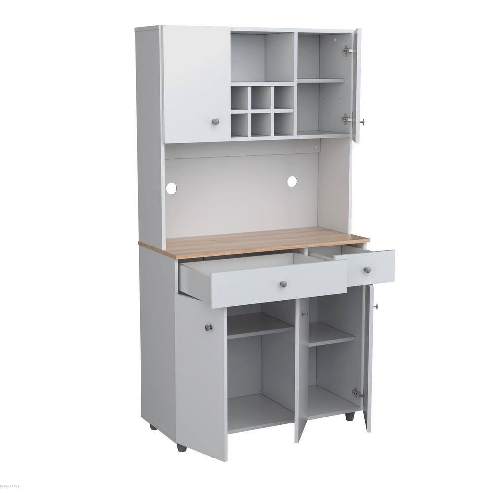 White and Maple Kitchen Pantry with Wine Storage and Metal Handles