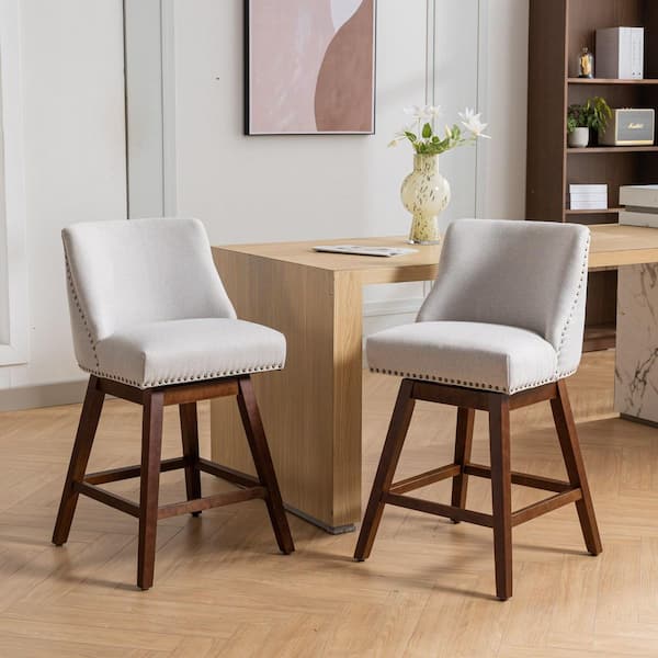 26 in. Beige Fabric Counter Height Swivel Barstools with Back for Kitchen and Dining Room (Set of 2)
