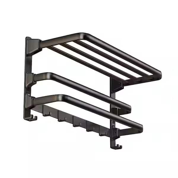 Foldable Towel Shelf Organizer with 2-Bars 7-Hooks 23.6 in. Wall Mounted Bathroom Storage Matte Black Finish