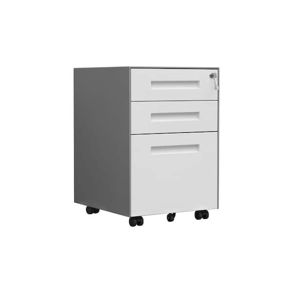 Unbranded White Gray 3-Drawer 23.62 in. H x 16.02 in. W x 17.72 in. D Metal Mobile Vertical Letter File Cabinet