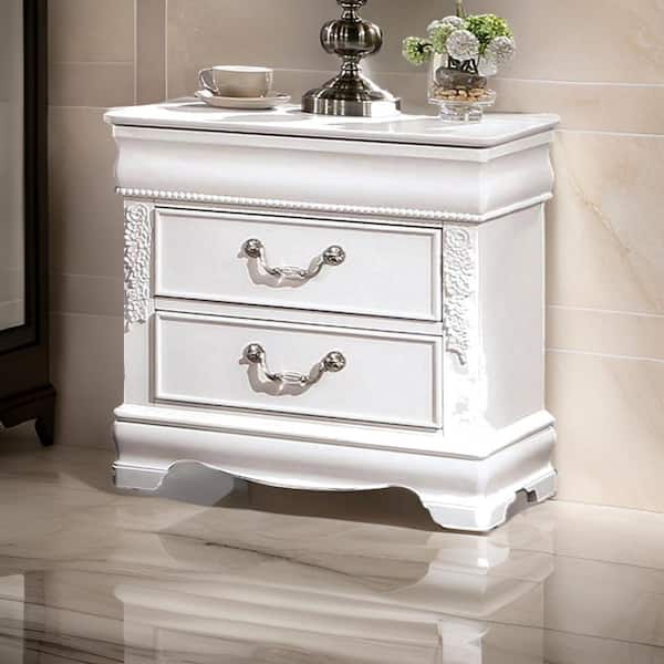 Benjara 24 in. White and Nickel 2-Drawers Wooden Nightstand