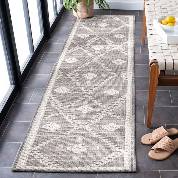 Global Dark Gray/Ivory 2 ft. x 8 ft. Aztec Diamond Indoor/Outdoor Runner Rug