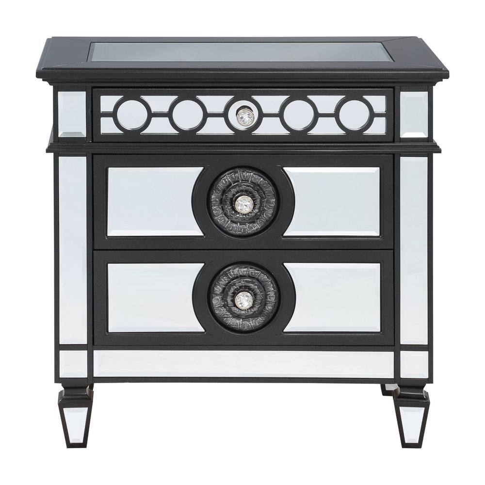 Elegant Black and Silver 3-Drawer Nightstand with Crystal Knobs