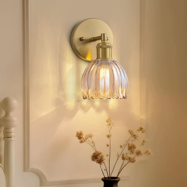 5 in. 1-Light Modern Brass Amber Glass Wall Sconce for Bathroom Vanity Bedroom Bedside Hallway Indoor Wall Light Fixture