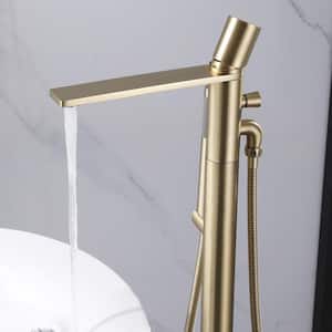 Single Handle Floor Mount Freestanding Tub Faucet with Hand Shower in Brushed Gold