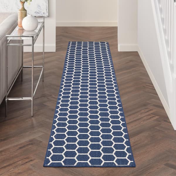 Reversible Indoor Outdoor Navy 2 ft. x 10 ft. Honeycomb Contemporary Runner Area Rug