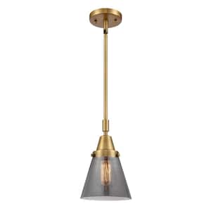 Cone 1-Light Brushed Brass Shaded Pendant Light with Plated Smoke Glass Shade
