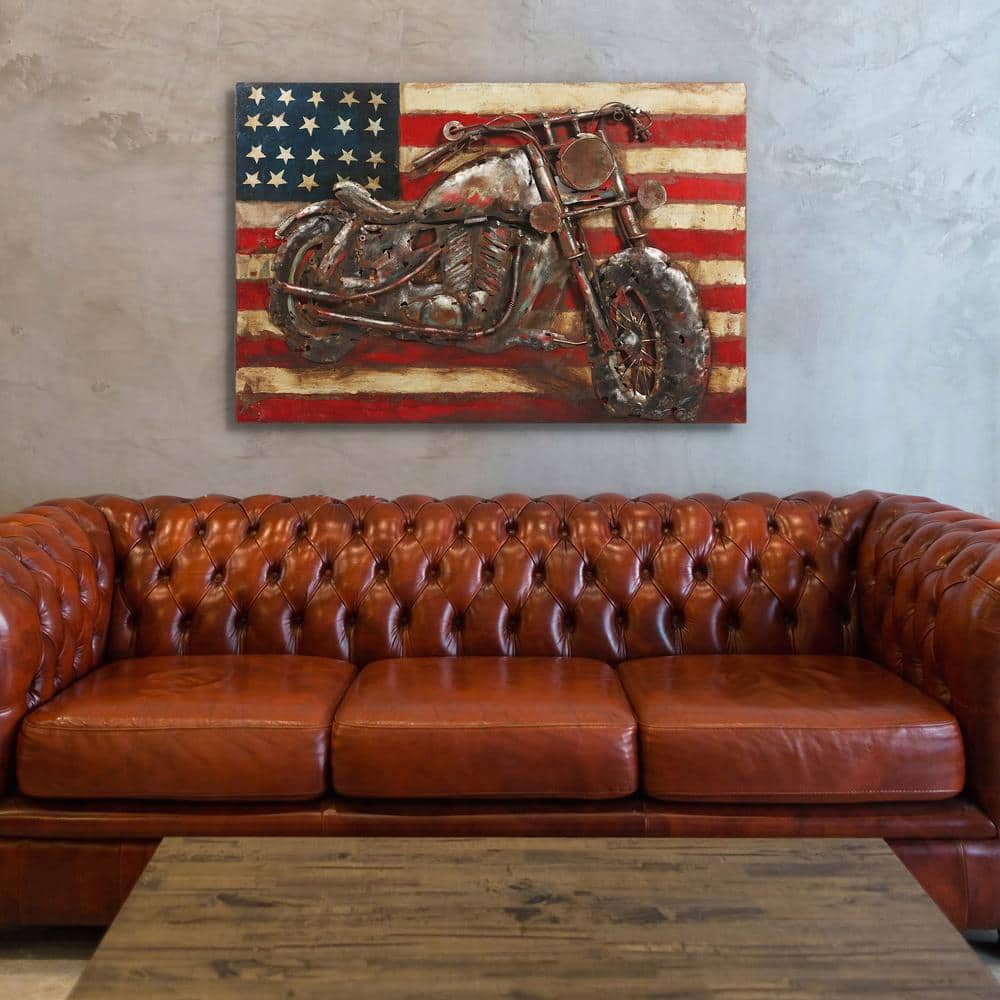 Patriotic Motorcycle Mixed Media Iron Wall Sculpture