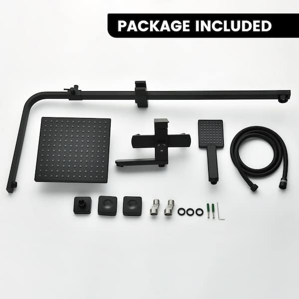 3-Spray Square Wall Bar Shower Kit with Hand Shower, Tub Faucet and Rotating Shower Head in Matte Black (Valve Included)