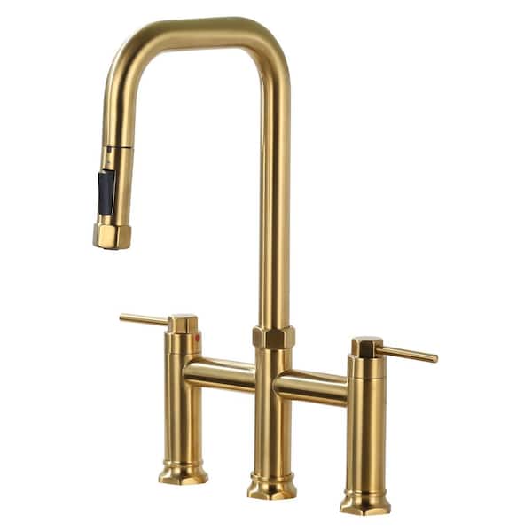 3 Holes Double Handle Bridge Kitchen Faucet with Pull Down Sprayer and Supply Lines in Brushed Gold