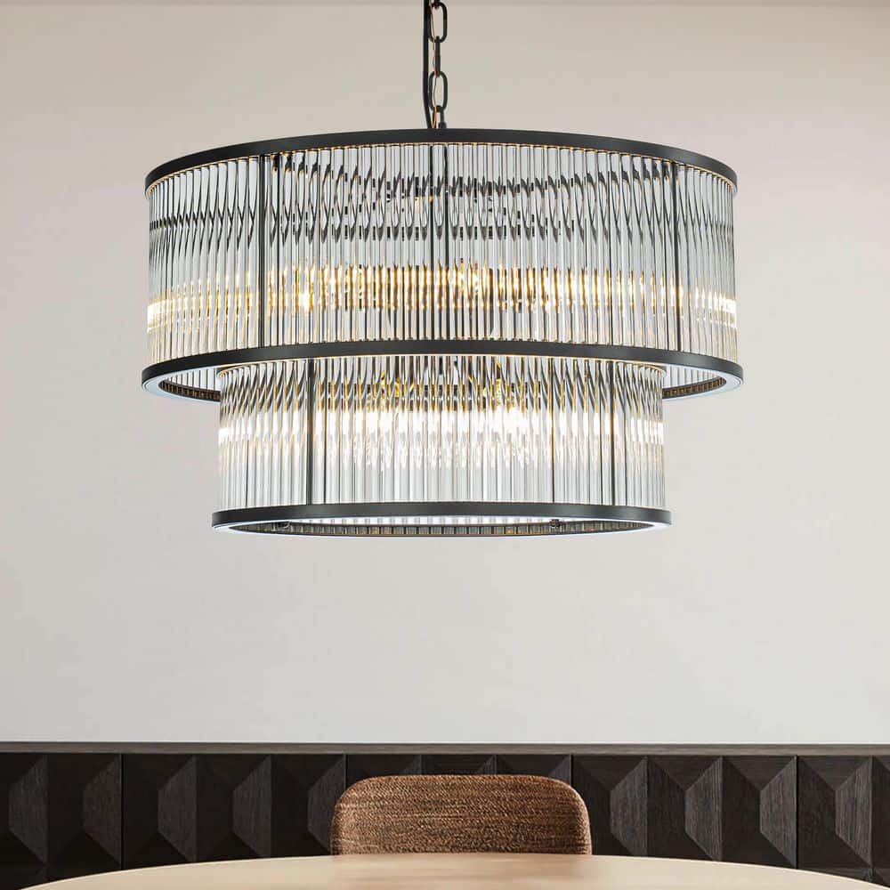 21 in. W 10-Light Modern Glam 2-Tier Glass Drum Chandelier Matte Black Cont