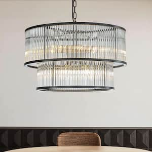 21 in. W 10-Light Modern Glam 2-Tier Glass Drum Chandelier Matte Black Contemporary Round Hanging Light for Living Room