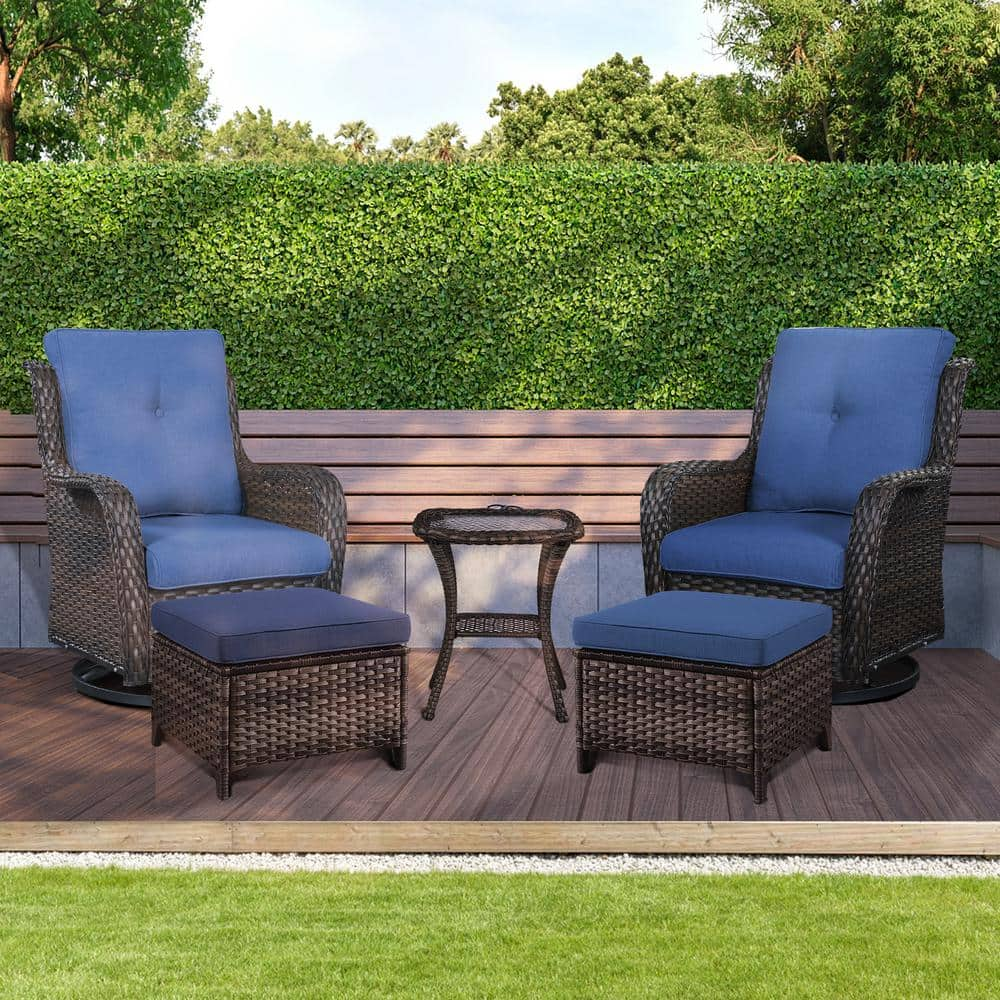 Gymojoy Carolina Brown 5-Piece Wicker Patio Conversation Set With Blue ...