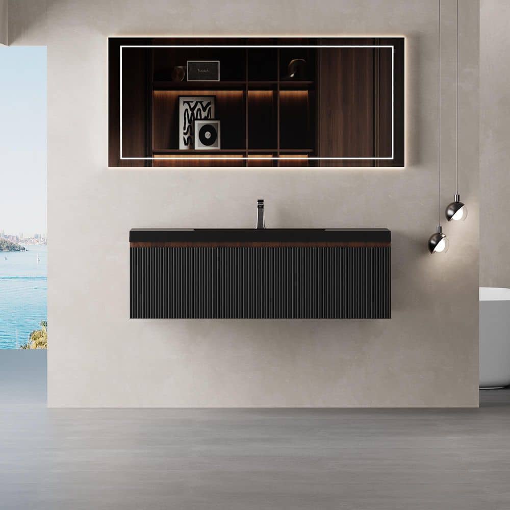48 in. Wall-Mounted Walnut Black Bath Vanity with Black Solid Surface Top Assembled price history on PriceWatchPro