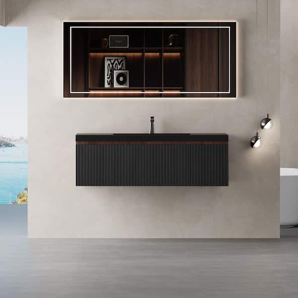 48 in. Wall-Mounted Walnut Black Bath Vanity with Black Solid Surface Top Assembled