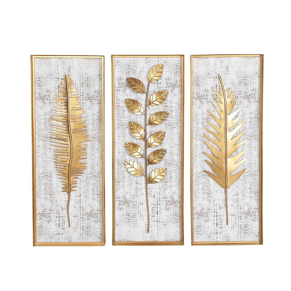 Gold and White Rectangular 3D Leaf Wall Sculpture Set