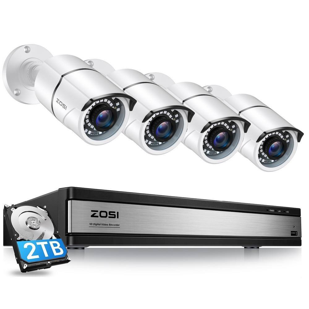 ZOSI 16-Channel 1080p 2TB DVR Security Camera System with 4-Wired Outdoor Bullet Cameras, White