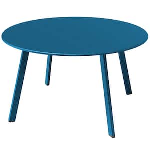 Blue Round Outdoor Coffee Table, Weather Resistant Metal Large Side Table for Balcony, Porch, Deck, Poolside