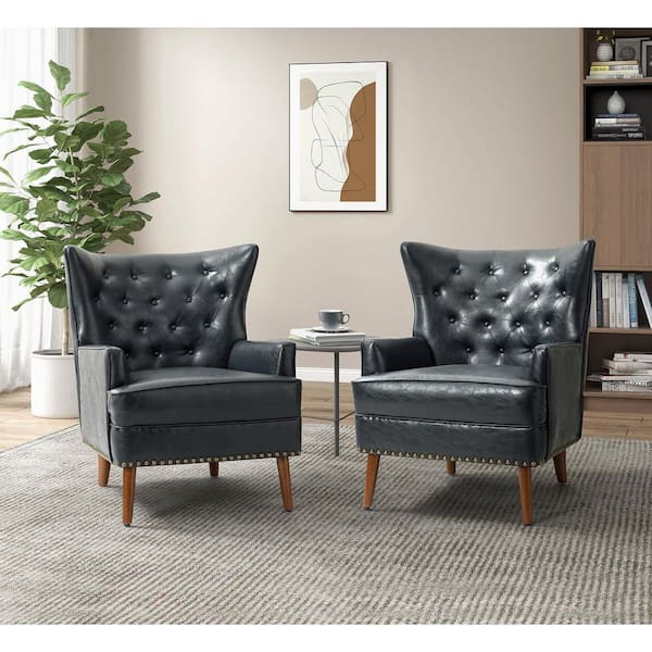 JAYDEN CREATION Minerva Vegan Leather Navy Armchair with Nailhead Trim (Set of 2)